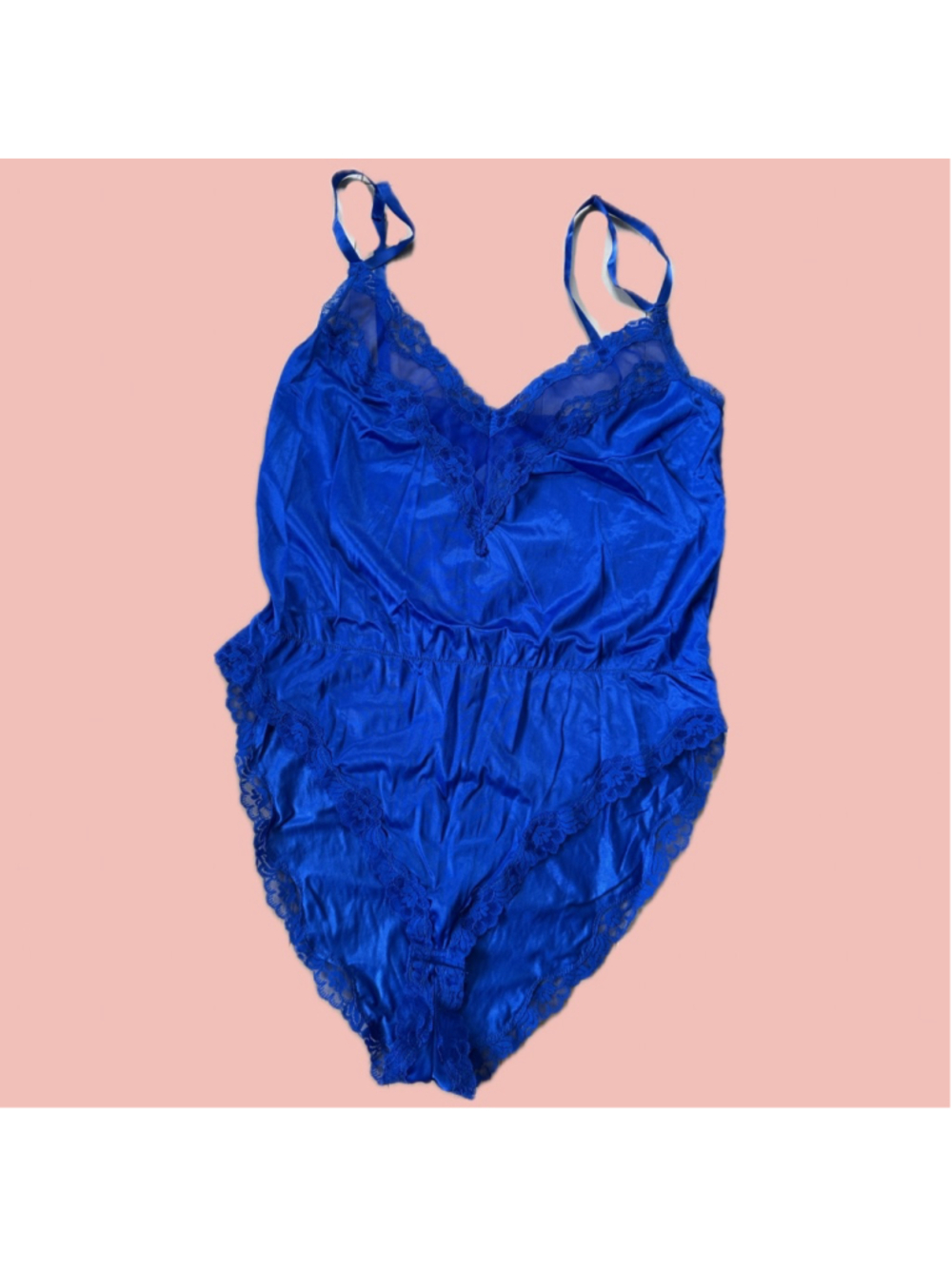 Vintage 70s Royal Blue Lingerie Romper Bodysuit Lace Trim Satin 34 / S